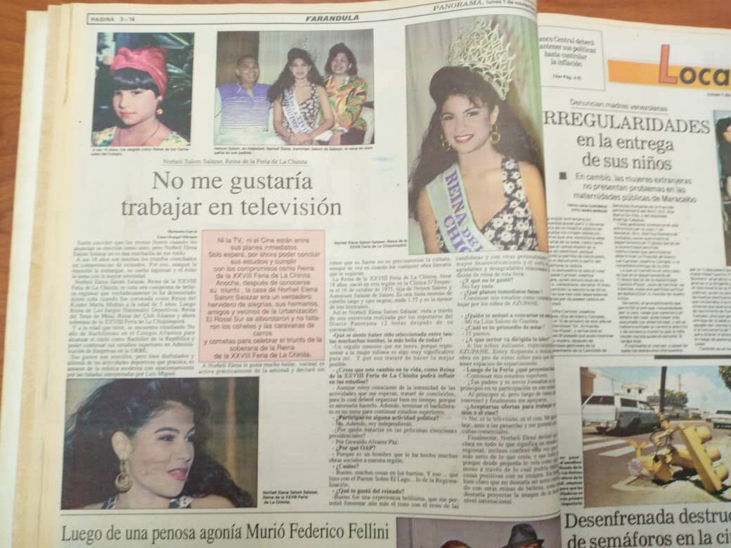 La Reina de La Feria de La Chinita de 1993, Norheli Salón: "No me gustaría trabajar en televisón"