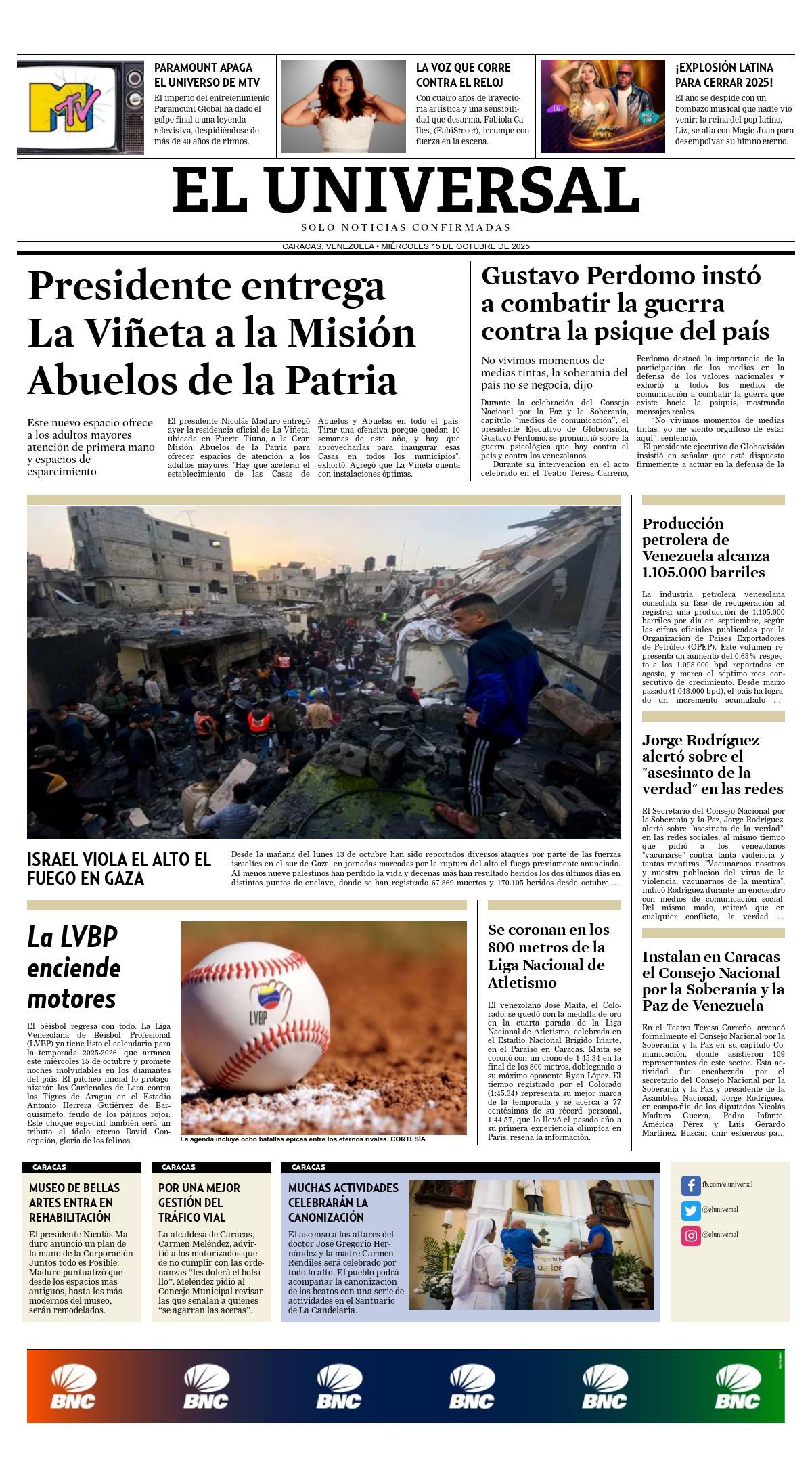 Titulares de la prensa nacional para este miércoles 15 de octubre