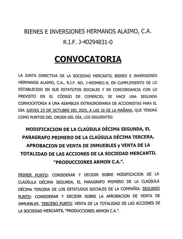 Convocatoria Bienes e Inversiones Hermanos Alaimo, C.A.