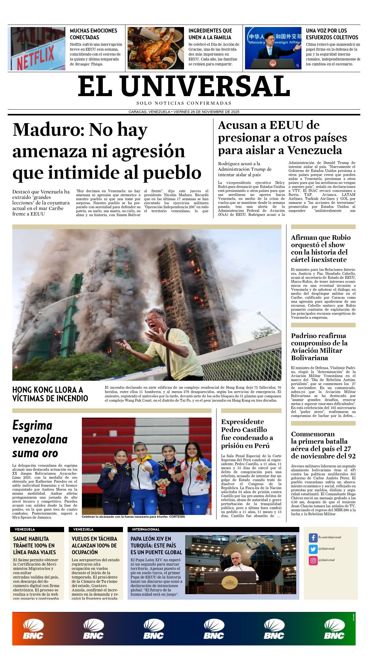 Titulares de la prensa nacional para este viernes 28 de noviembre