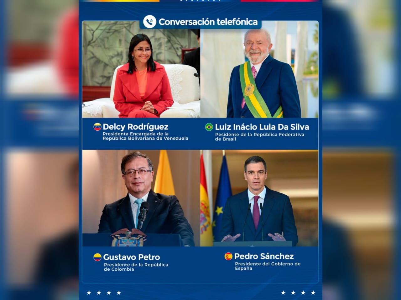 Presidenta (E) Delcy Rodríguez sostuvo conversaciones telefónicas con los mandatarios de Brasil, Colombia y España para impulsar la diplomacia